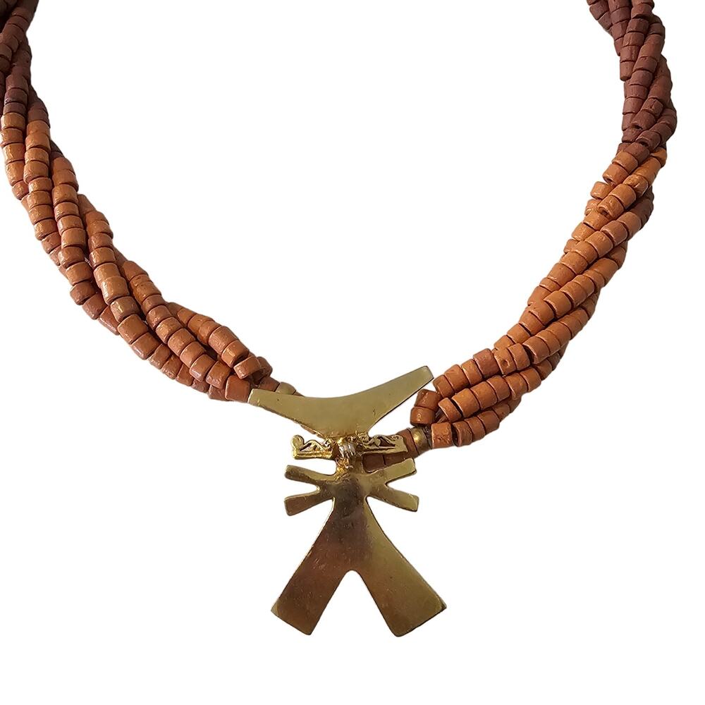 Vintage Tribal Primitive Gold Figural Necklace with Wooden Beads
